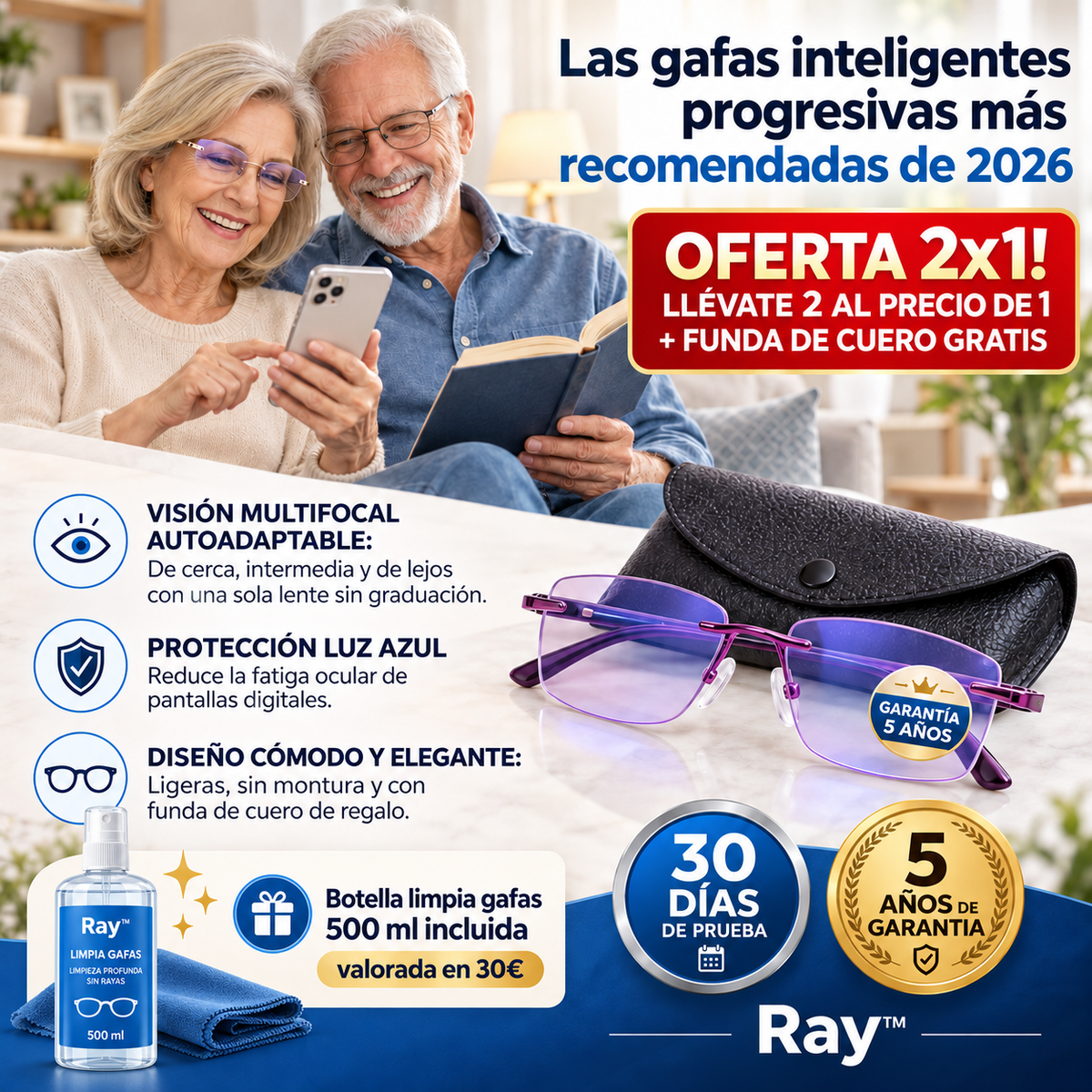 1+1 ZADARMO + DARČEK | Jediné samonastaviteľné inteligentné okuliare ClaryLens™ (ostré videnie na blízko, na strednú vzdialenosť aj do diaľky v jedných okuliaroch) | Ochrana pred modrým svetlom a UV + kožené puzdro ZADARMO | 30-dňová skúšobná lehota